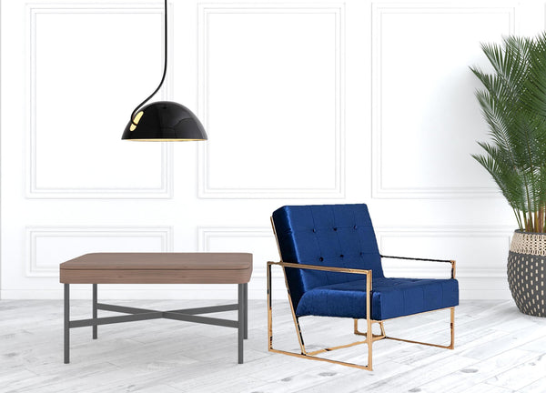 Homeroots Stylish Blue And Gold Fabric Square Back Accent Chair   473617