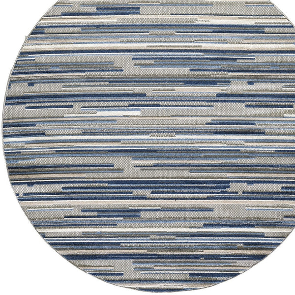 Homeroots 8’ Round Blue Abstract Striped Indoor Outdoor Area Rug  Uv,Treated Polypropylene 473663