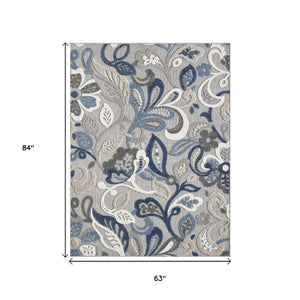 HomeRoots 5' Elegant Blue and Gray Floral Area Rug for Indoor and Outdoor Spaces - Durable, Low-Maintenance Design 5' X 7' 473673