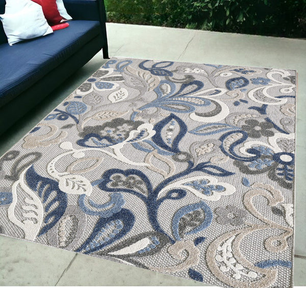 Homeroots 5' X 7' Blue And Gray Floral Stain Resistant Indoor Outdoor Area Rug  Uv,Treated Polypropylene 473673