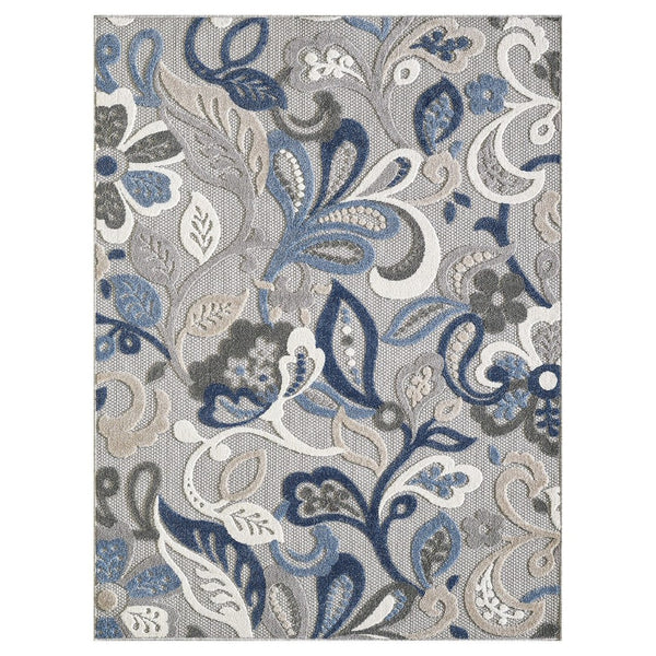 HomeRoots 5' Elegant Blue and Gray Floral Area Rug for Indoor and Outdoor Spaces - Durable, Low-Maintenance Design 7' X 9' 473674