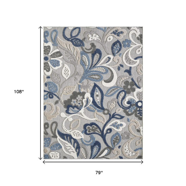 HomeRoots 5' Elegant Blue and Gray Floral Area Rug for Indoor and Outdoor Spaces - Durable, Low-Maintenance Design 7' X 9' 473674