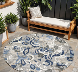 HomeRoots 5' Elegant Blue and Gray Floral Area Rug for Indoor and Outdoor Spaces - Durable, Low-Maintenance Design 8' Round 473675