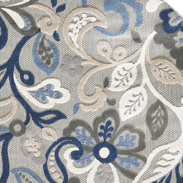 HomeRoots 5' Elegant Blue and Gray Floral Area Rug for Indoor and Outdoor Spaces - Durable, Low-Maintenance Design 8' Round 473675