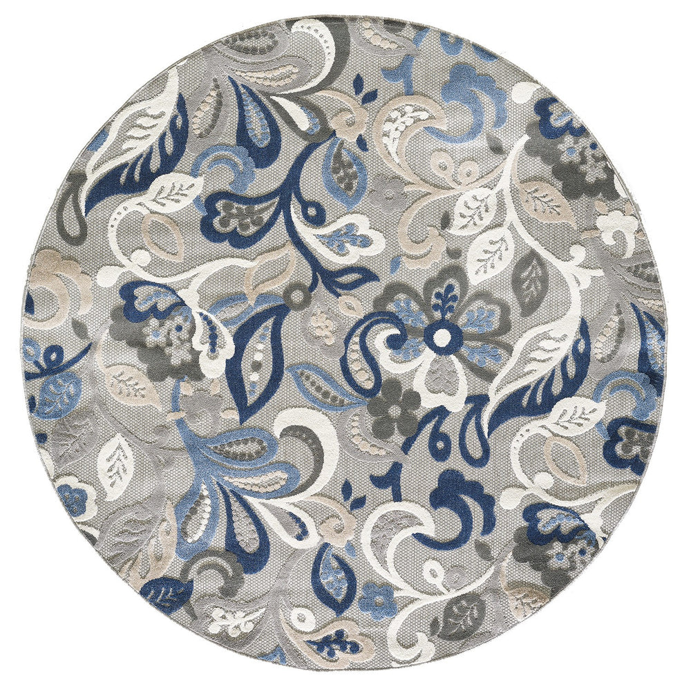 Homeroots 8’ Round Blue Gray Jacobean Floral Indoor Outdoor Area Rug  Polypropylene 473675