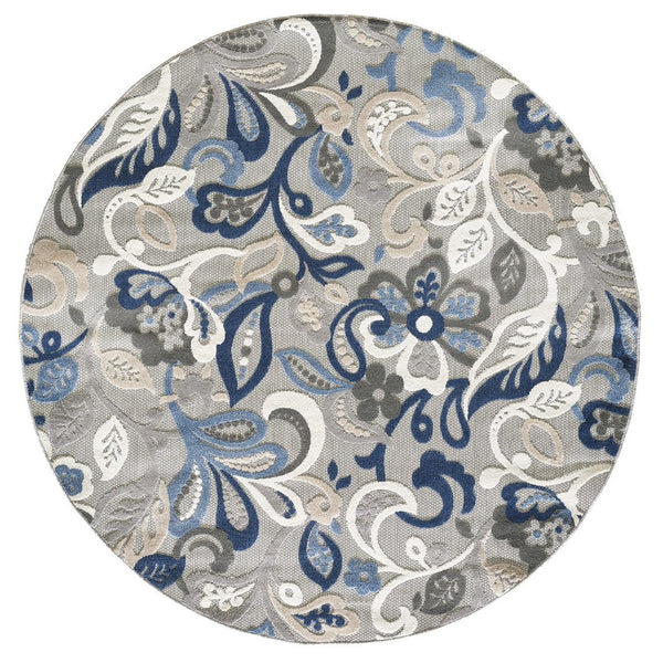 HomeRoots 5' Elegant Blue and Gray Floral Area Rug for Indoor and Outdoor Spaces - Durable, Low-Maintenance Design 8' Round 473675