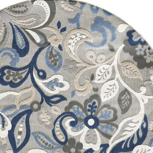 HomeRoots 5' Elegant Blue and Gray Floral Area Rug for Indoor and Outdoor Spaces - Durable, Low-Maintenance Design 8' Round 473675