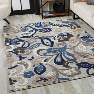 HomeRoots 5' Elegant Blue and Gray Floral Area Rug for Indoor and Outdoor Spaces - Durable, Low-Maintenance Design 8' Round 473675