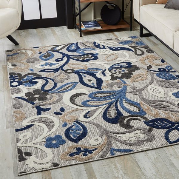 HomeRoots 5' Elegant Blue and Gray Floral Area Rug for Indoor and Outdoor Spaces - Durable, Low-Maintenance Design 8' Round 473675