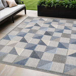 HomeRoots 5' Blue and Gray Geometric Area Rug – Stain Resistant, Durable, Modern Design for Indoor & Outdoor Use 5' X 7' Rectangle 473679
