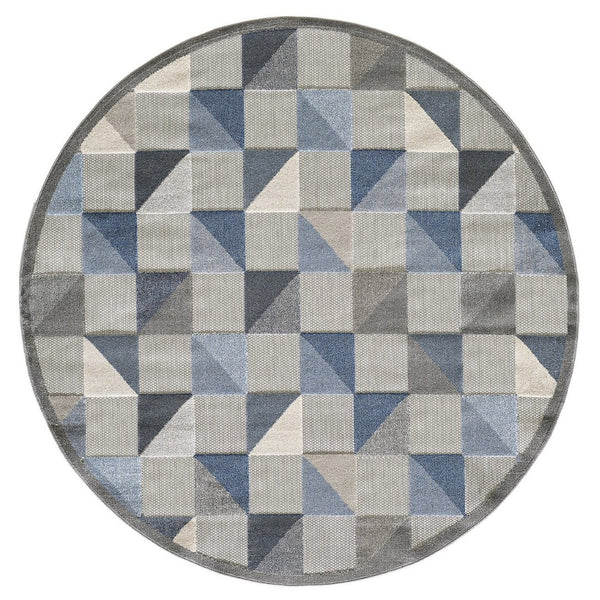 HomeRoots 5' Blue and Gray Geometric Area Rug – Stain Resistant, Durable, Modern Design for Indoor & Outdoor Use 8' Round Round 473681