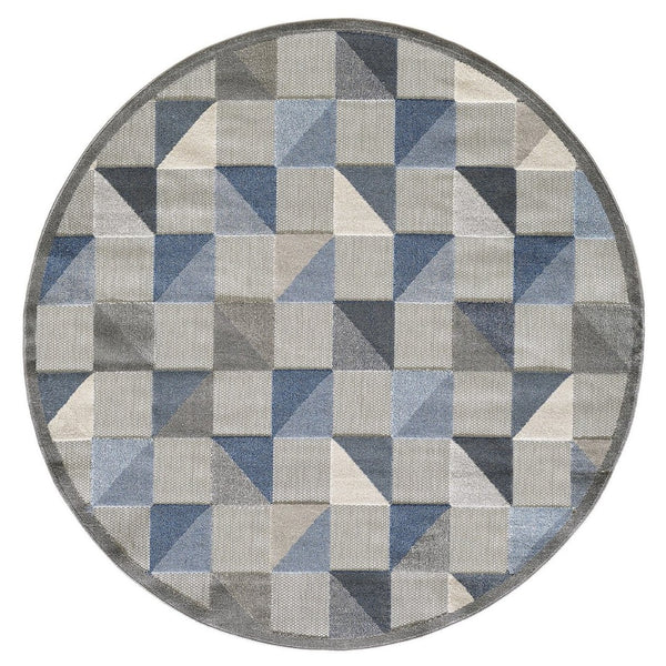 HomeRoots 5' Blue and Gray Geometric Area Rug – Stain Resistant, Durable, Modern Design for Indoor & Outdoor Use 8' Round Round 473681