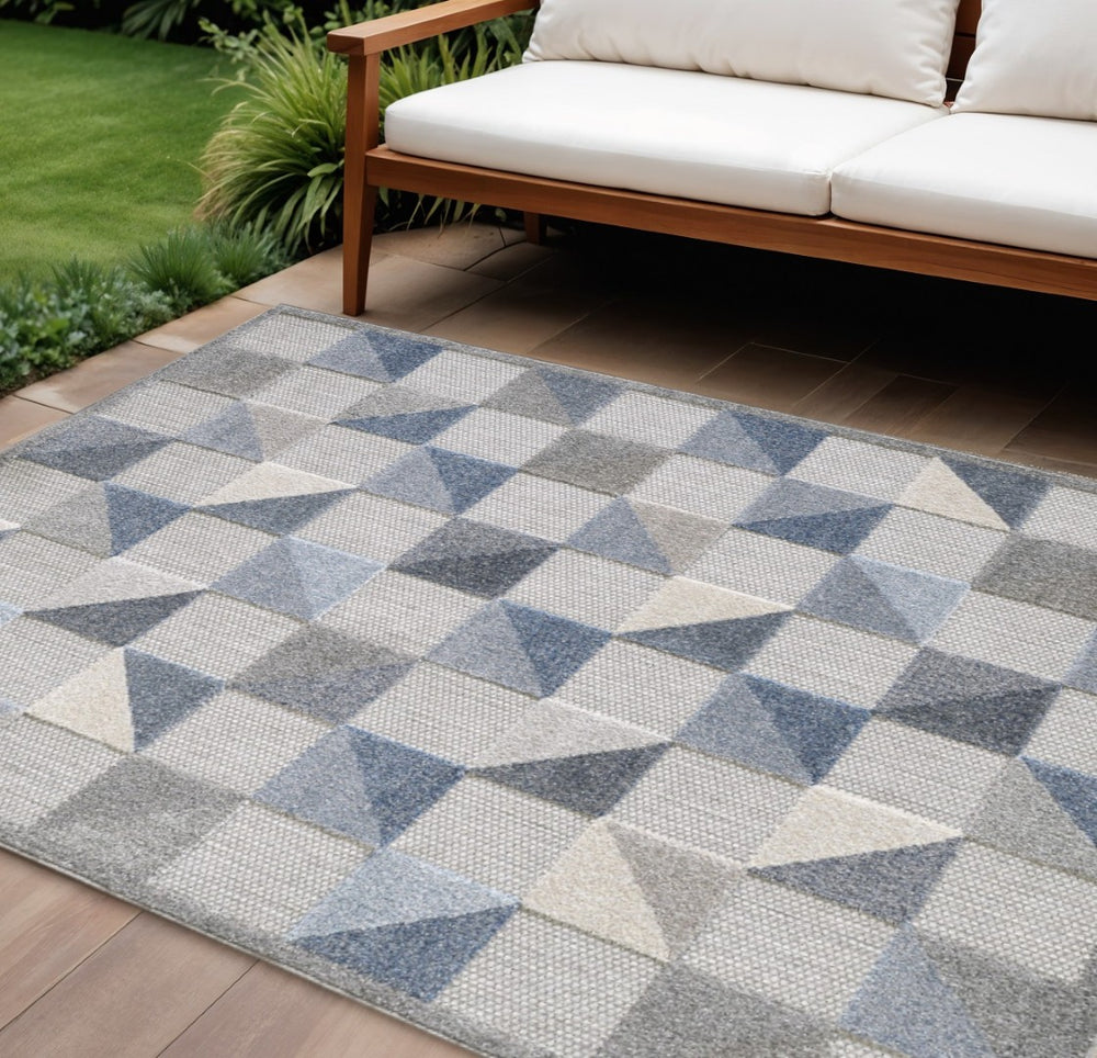 HomeRoots 5' Blue and Gray Geometric Area Rug – Stain Resistant, Durable, Modern Design for Indoor & Outdoor Use 8' X 10' Rectangle 473682