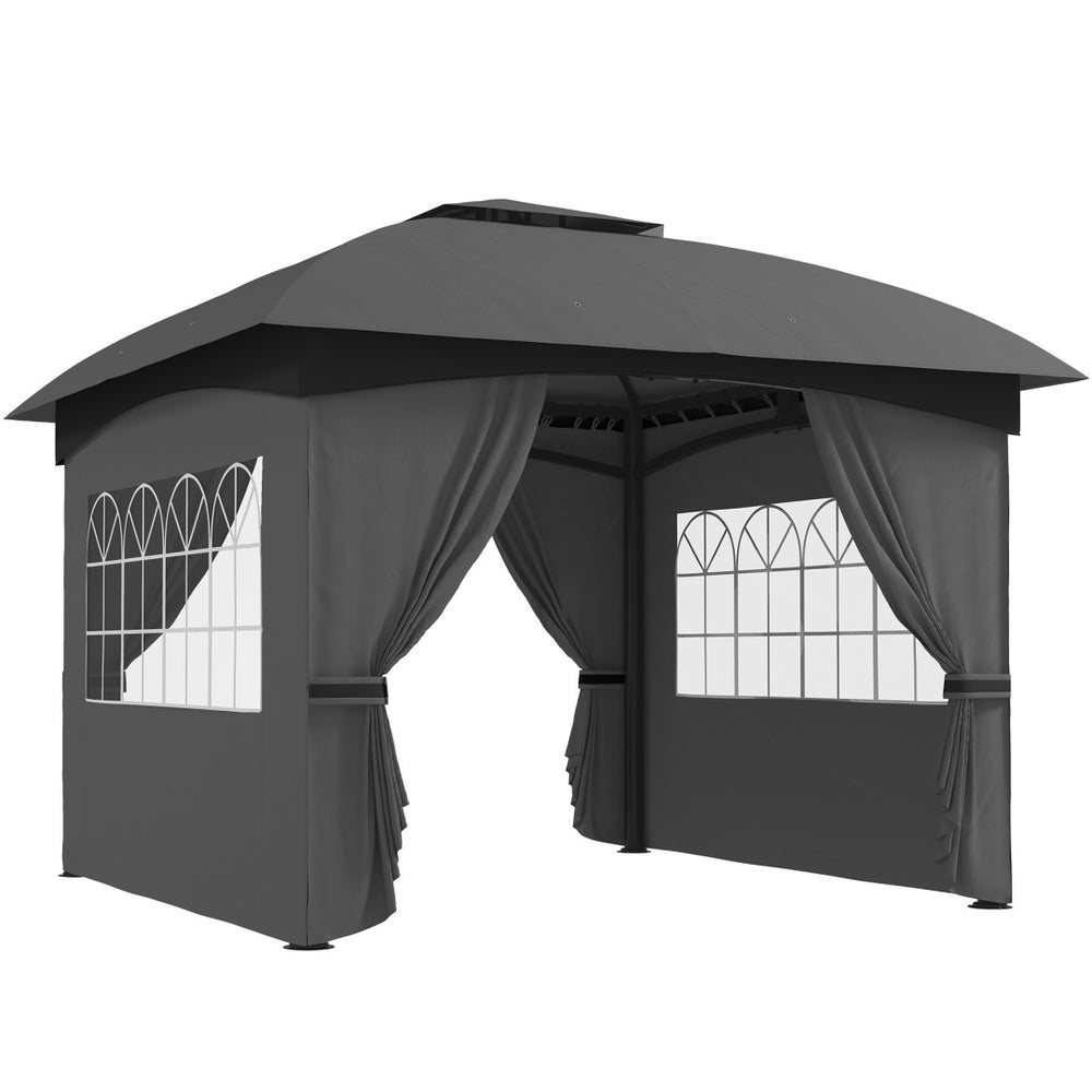 English Elm Outsunny 11x11 Steel Gazebo with Church Windows Two Tier Roof and Privacy Curtains W2225P485555