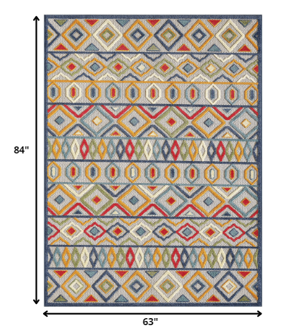 Homeroots 5' X 7' Ivory And Blue Southwestern Stain Resistant Indoor Outdoor Area Rug  Uv,Treated Polypropylene 473703