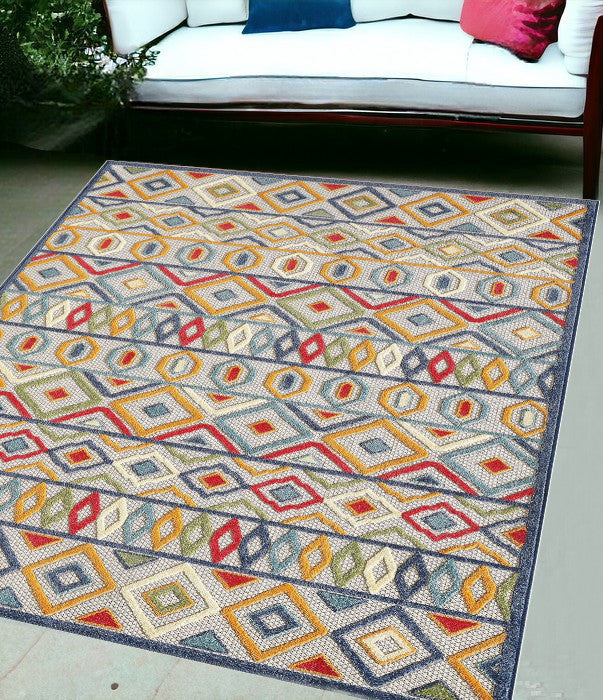 Homeroots 5' X 7' Ivory And Blue Southwestern Stain Resistant Indoor Outdoor Area Rug  Uv,Treated Polypropylene 473703