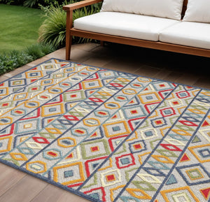 HomeRoots 5' Durable Ivory and Blue Southwestern Area Rug – Stain-Resistant, UV Protected for Indoor/Outdoor Use 8' X 10' Rectangle 473706