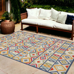 Homeroots 8' X 10' Ivory And Blue Southwestern Stain Resistant Indoor Outdoor Area Rug  Uv,Treated Polypropylene 473706