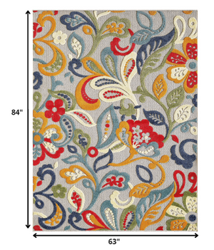 Homeroots 5’ X 7’ Multi Jacobean Floral Indoor Outdoor Area Rug  Uv,Treated Polypropylene 473709