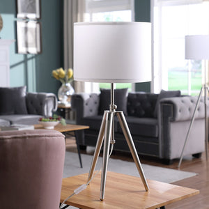 HomeRoots 34" Adjustable Silver Metal Tripod Table Lamp with White Shade - Modern Design for Any Space 473738