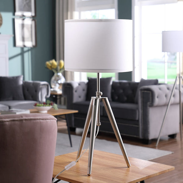 HomeRoots 34" Adjustable Silver Metal Tripod Table Lamp with White Shade - Modern Design for Any Space 473738