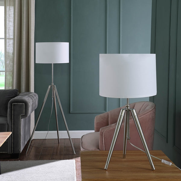 HomeRoots 34" Adjustable Silver Metal Tripod Table Lamp with White Shade - Modern Design for Any Space 473738