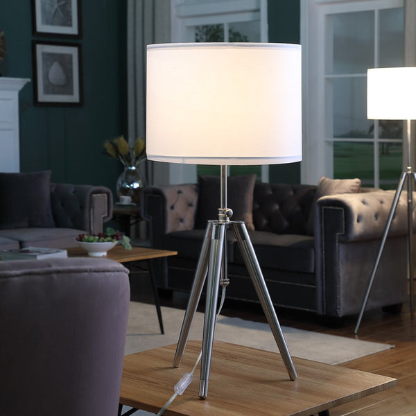 HomeRoots 34" Adjustable Silver Metal Tripod Table Lamp with White Shade - Modern Design for Any Space 473738