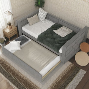 Homeroots Gray Wood Upholstered Twin Bed Frame With Trundle  Manufactured Wood 473761