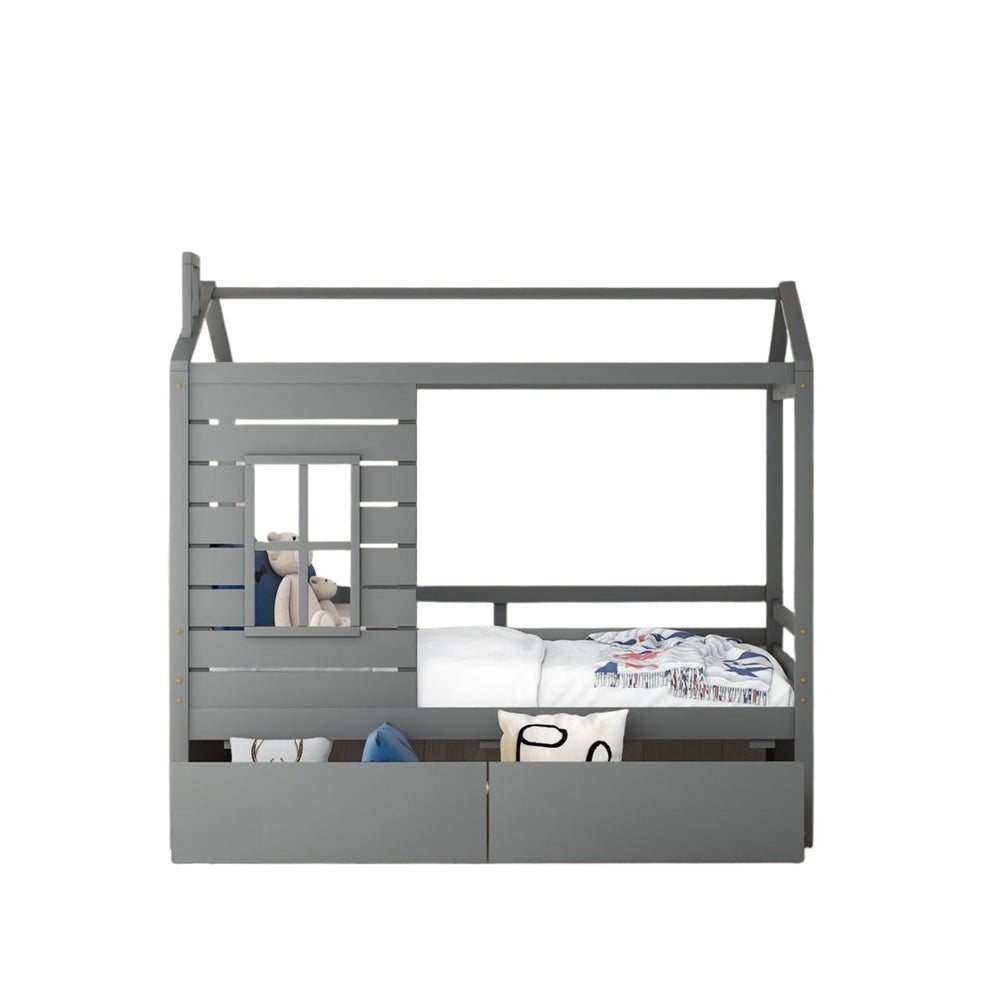 Homeroots Gray Wood Twin Four Poster Bed Frame  Manufactured Wood 473767