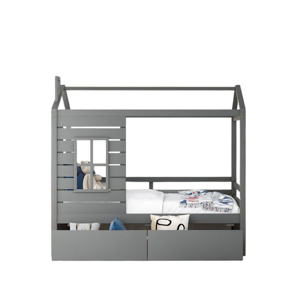 Homeroots Gray Wood Twin Four Poster Bed Frame  Manufactured Wood 473767