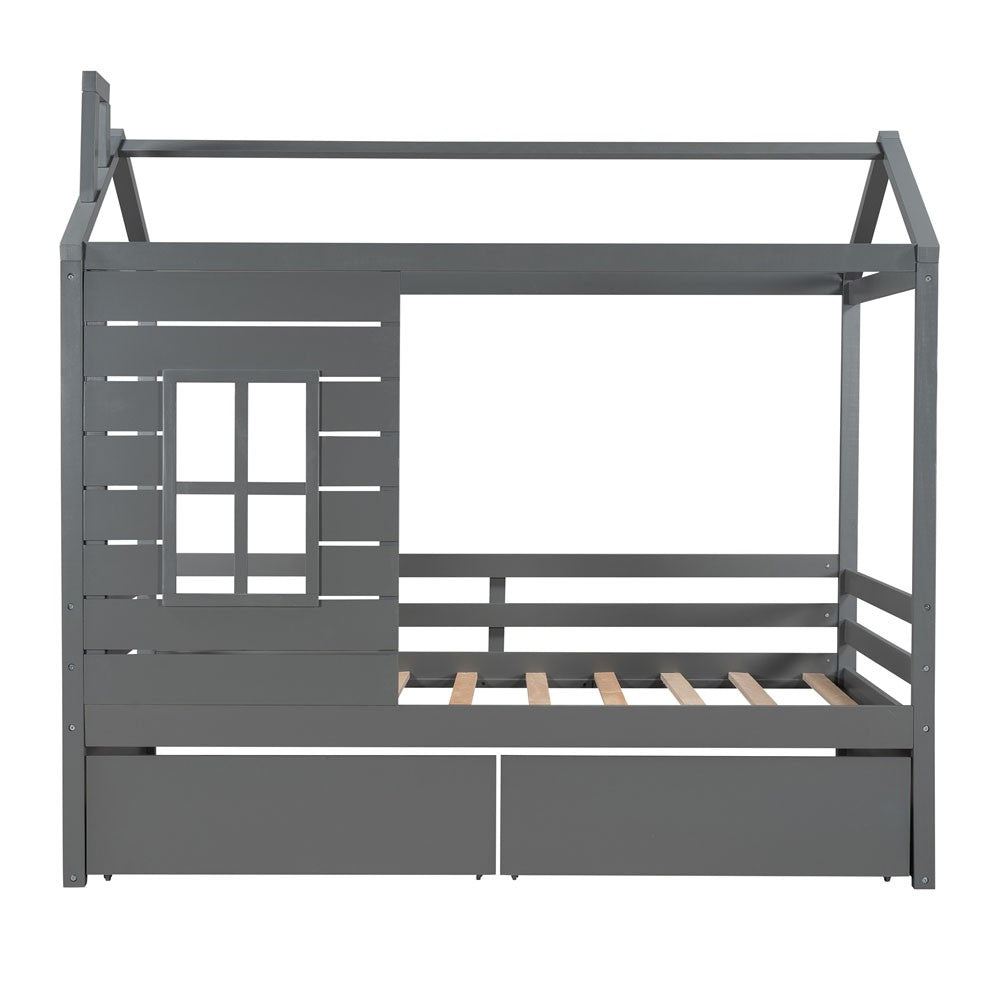 Homeroots Gray Wood Twin Four Poster Bed Frame  Manufactured Wood 473767