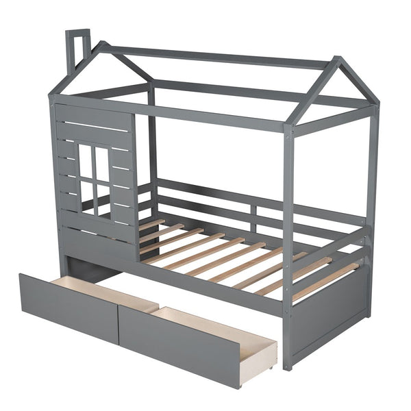 Homeroots Gray Wood Twin Four Poster Bed Frame  Manufactured Wood 473767