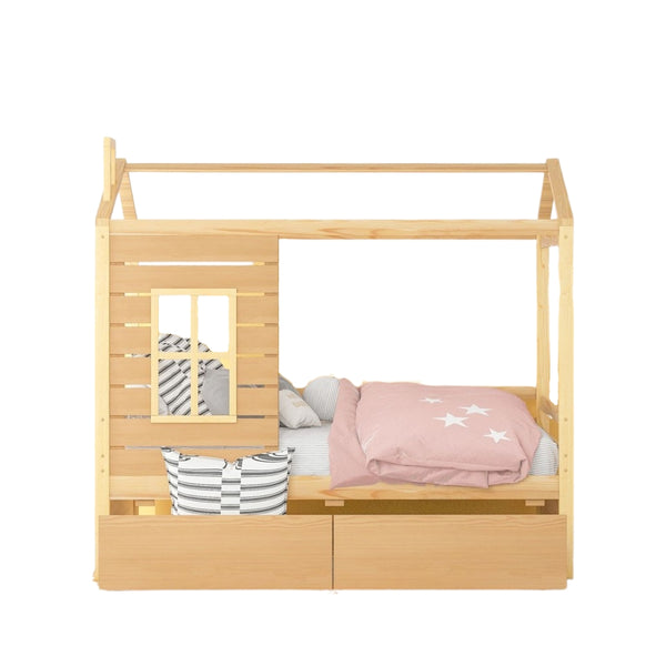 Homeroots Natural Wood Twin Four Poster Bed Frame  Manufactured Wood 473768