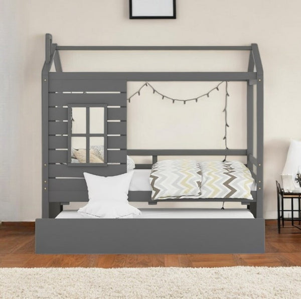 Homeroots Gray Wood Twin Bed Frame With Trundle  Manufactured Wood 473771
