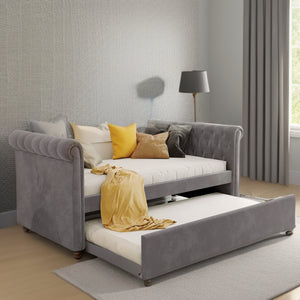 Homeroots Gray Twin Tufted Upholstered Polyester Blend Bed With Trundle  Manufactured Wood 473794