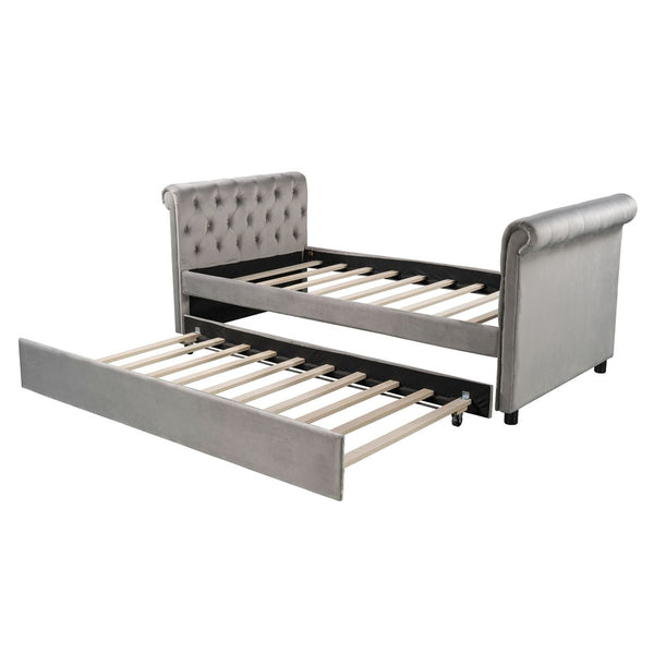 Homeroots Gray Twin Tufted Upholstered Polyester Blend Bed With Trundle  Manufactured Wood 473794