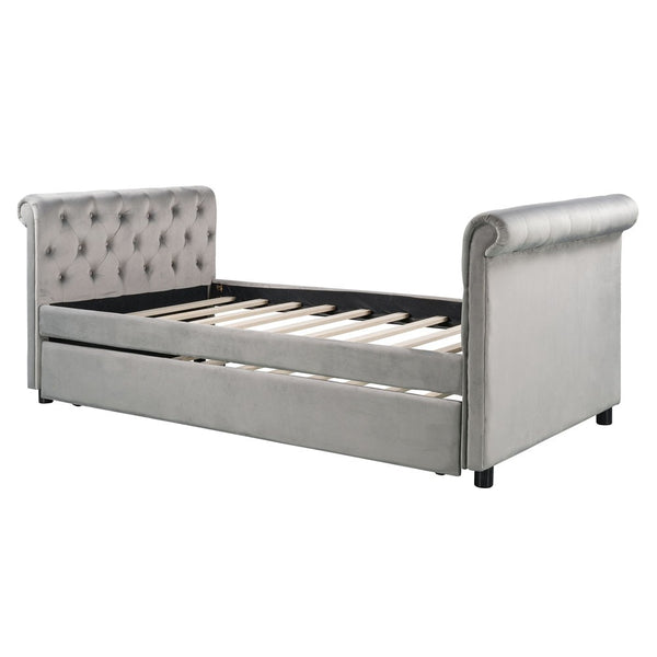 Homeroots Gray Twin Tufted Upholstered Polyester Blend Bed With Trundle  Manufactured Wood 473794