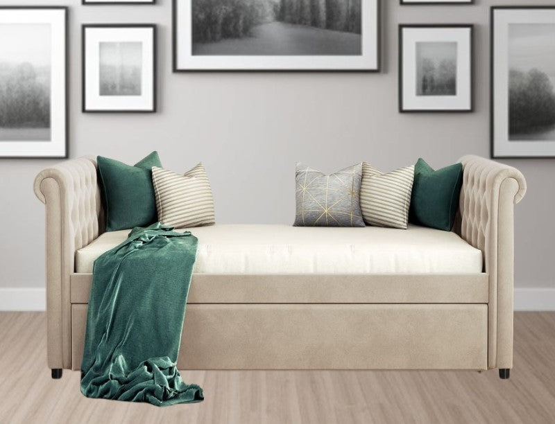 Homeroots Beige Wood Tufted Upholstered Twin Bed Frame With Trundle  Manufactured Wood 473795