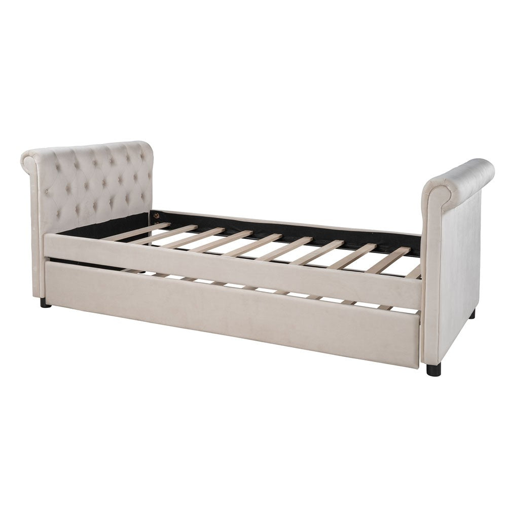 Homeroots Beige Wood Tufted Upholstered Twin Bed Frame With Trundle  Manufactured Wood 473795