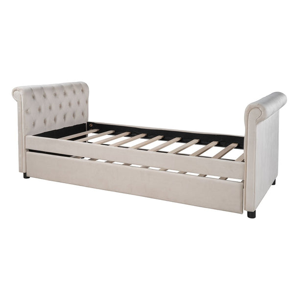 Homeroots Beige Wood Tufted Upholstered Twin Bed Frame With Trundle  Manufactured Wood 473795