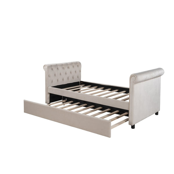 Homeroots Beige Wood Tufted Upholstered Twin Bed Frame With Trundle  Manufactured Wood 473795