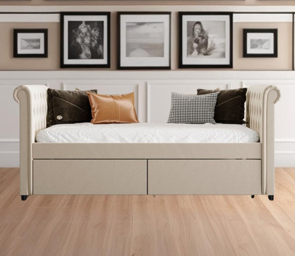 Homeroots Beige Wood Tufted Upholstered Twin Bed Frame  Manufactured Wood 473797