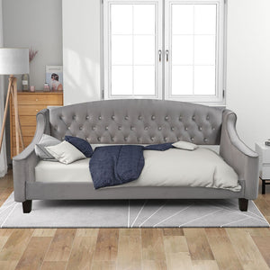 Homeroots Twin Tufted Gray Upholstered Polyester Blend Bed  Manufactured Wood 473798