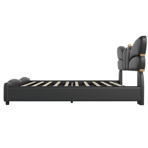 English Elm Christopher Knight Home® - Queen Plush Leather Upholstered Bed Frame with Wingback Headboard, Wavy Footboard, Quiet Support Black 82 L x 10 W x 3.25 H N761S0000019B