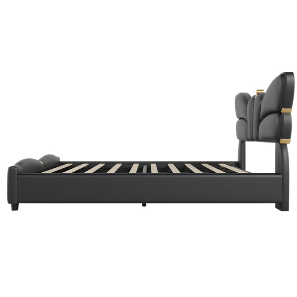 English Elm Christopher Knight Home® - Queen Plush Leather Upholstered Bed Frame with Wingback Headboard, Wavy Footboard, Quiet Support Black 82 L x 10 W x 3.25 H N761S0000019B