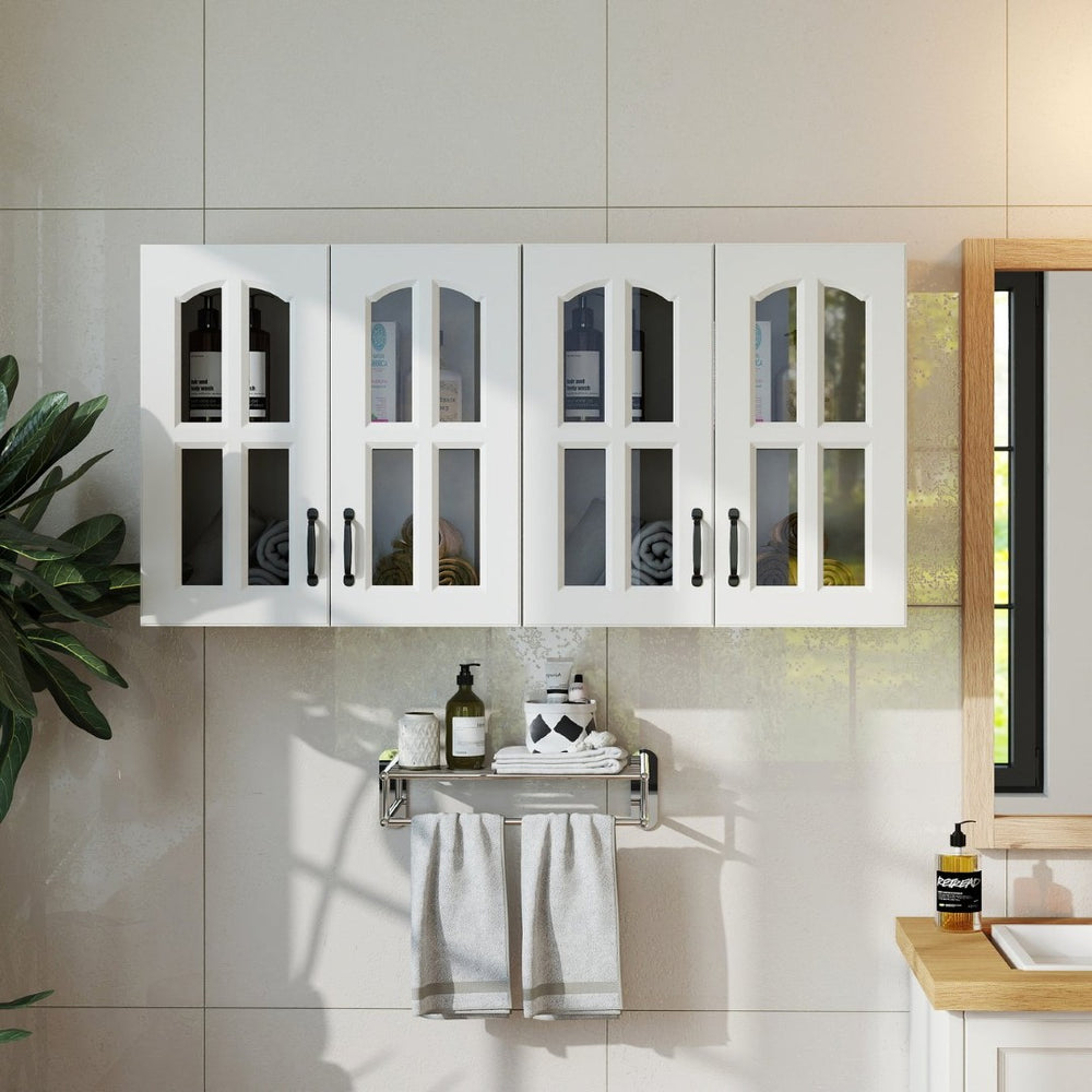 English Elm Wall Mounted Glass Door Display Cabinet with Fixed Shelves for Kitchen or Bathroom W331P379955