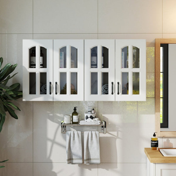 English Elm Wall Mounted Glass Door Display Cabinet with Fixed Shelves for Kitchen or Bathroom W331P379955