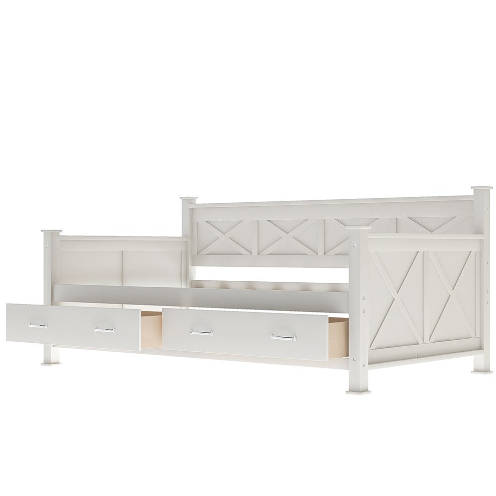 Homeroots White Wood Twin With Two Drawers Bed Frame  Manufactured Wood 473804