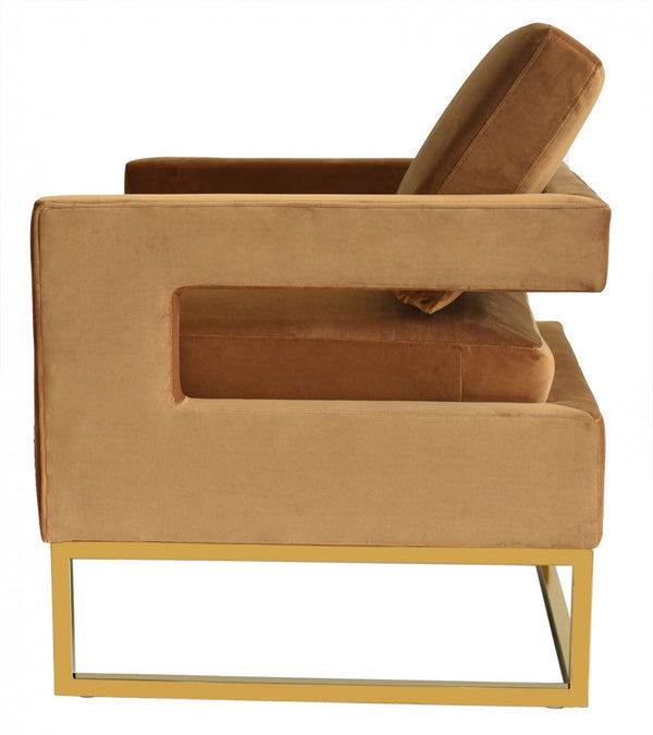 Homeroots 34" Camel And Gold Velvet Arm Chair   473818