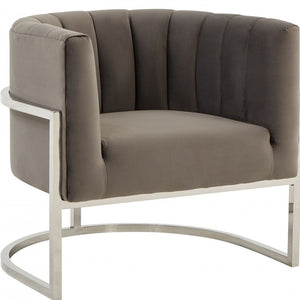 Homeroots Glam Grey And Steel Channel Tufted Velvet Accent Chair   473820